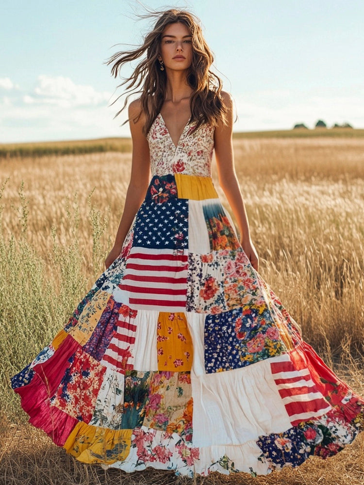 Western Floral Patchwork Flag Element Vintage Women's Linen Maxi Dress elevenforest