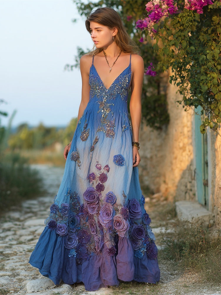 Boho Vintage Floral Embroidery Gradient Women's V-neck Spaghetti Straps Flowy Maxi Dress elevenforest