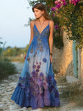 Boho Vintage Floral Embroidery Gradient Women's V-neck Spaghetti Straps Flowy Maxi Dress elevenforest