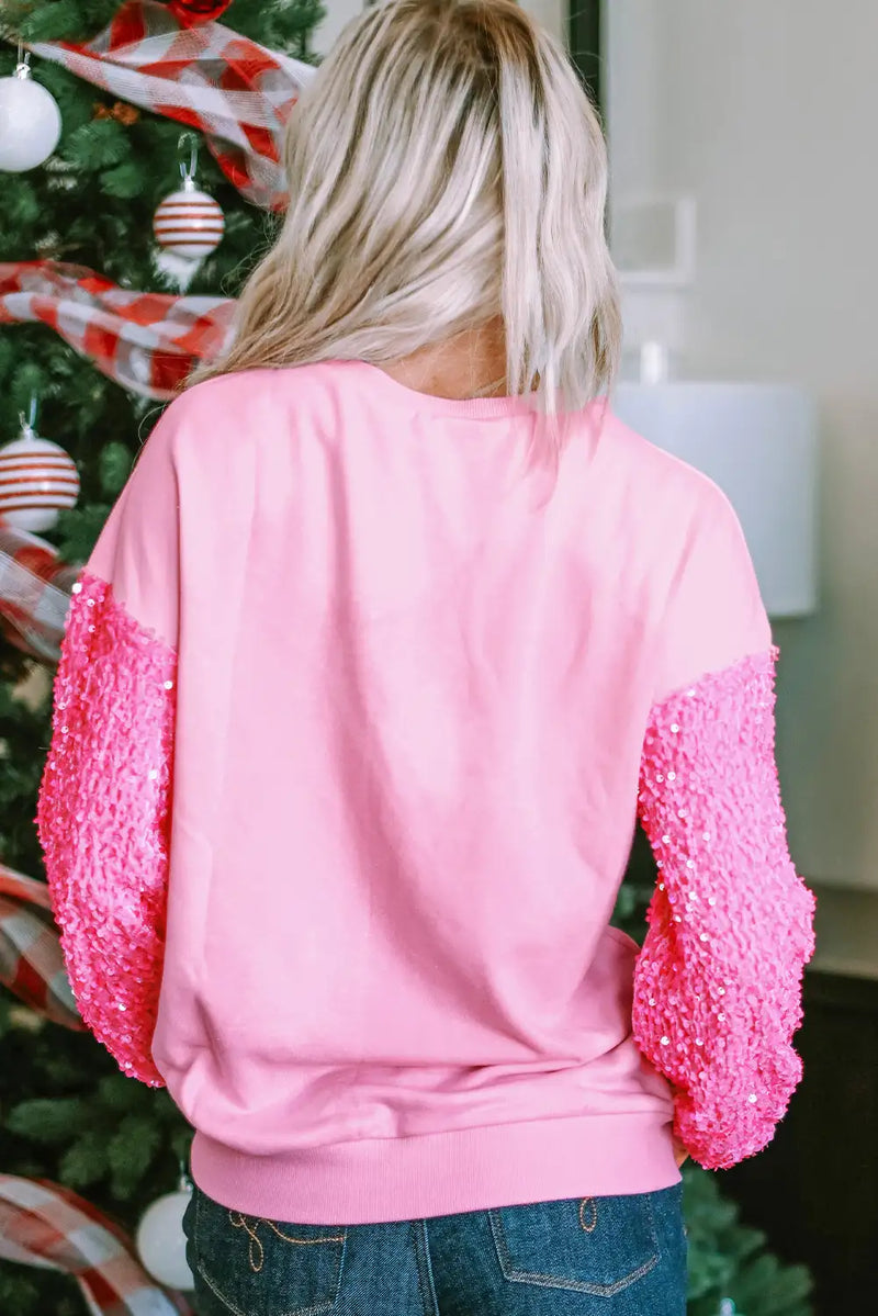 Pink Shiny Heart Sequined Sleeve Sweatshirt