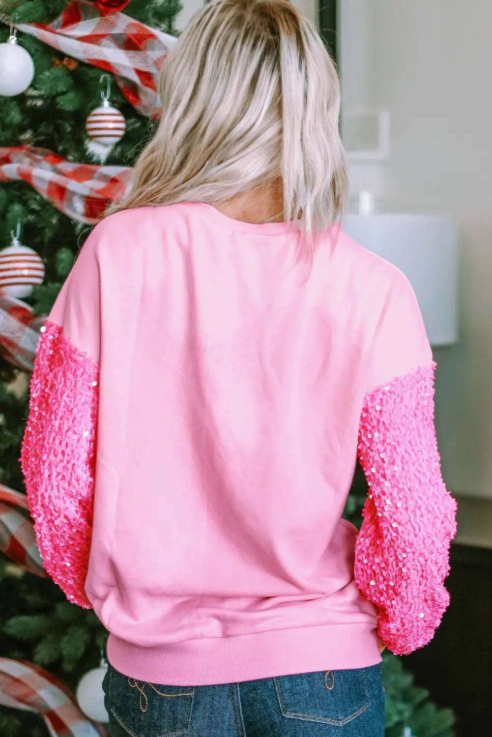Pink Shiny Heart Sequined Sleeve Sweatshirt