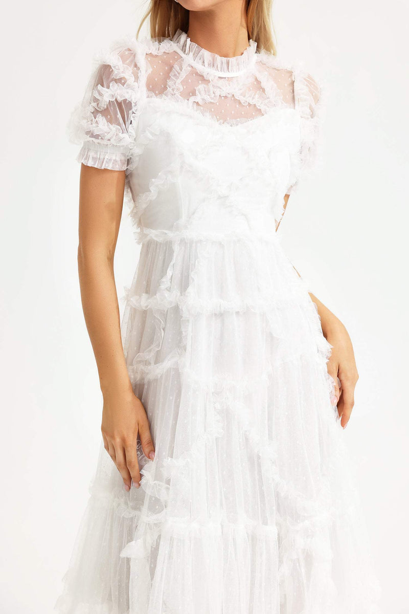 Round Collar Short Sleeve Mesh Ruffle Hem Midi Dress