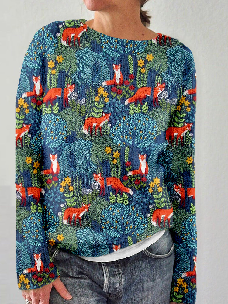 Fox in the Forest Graphic Crew Neck Cozy Sweater artswardrobe