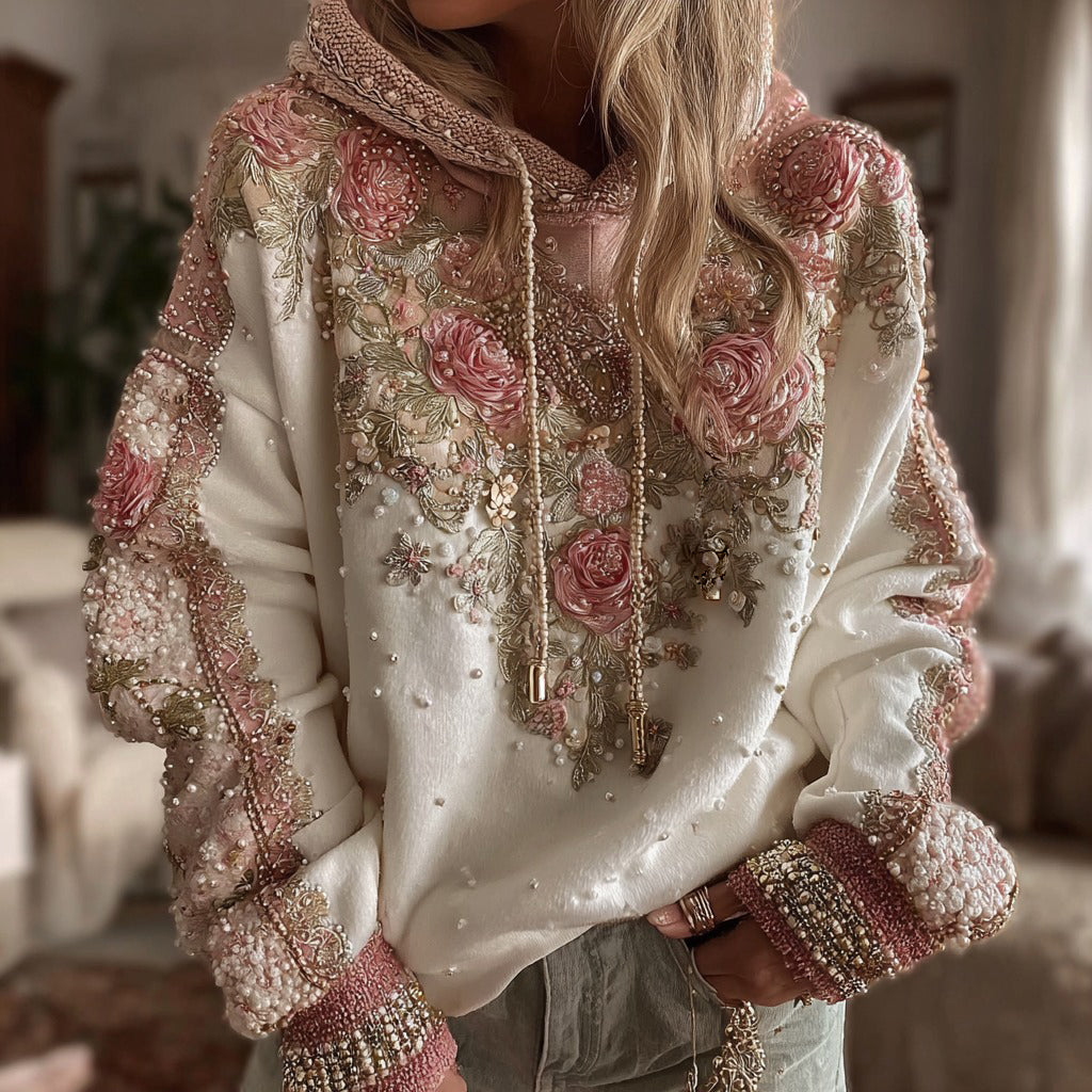 Women's Pink Rose Embroidered Art Casual Gradient Hoodie elevenforest