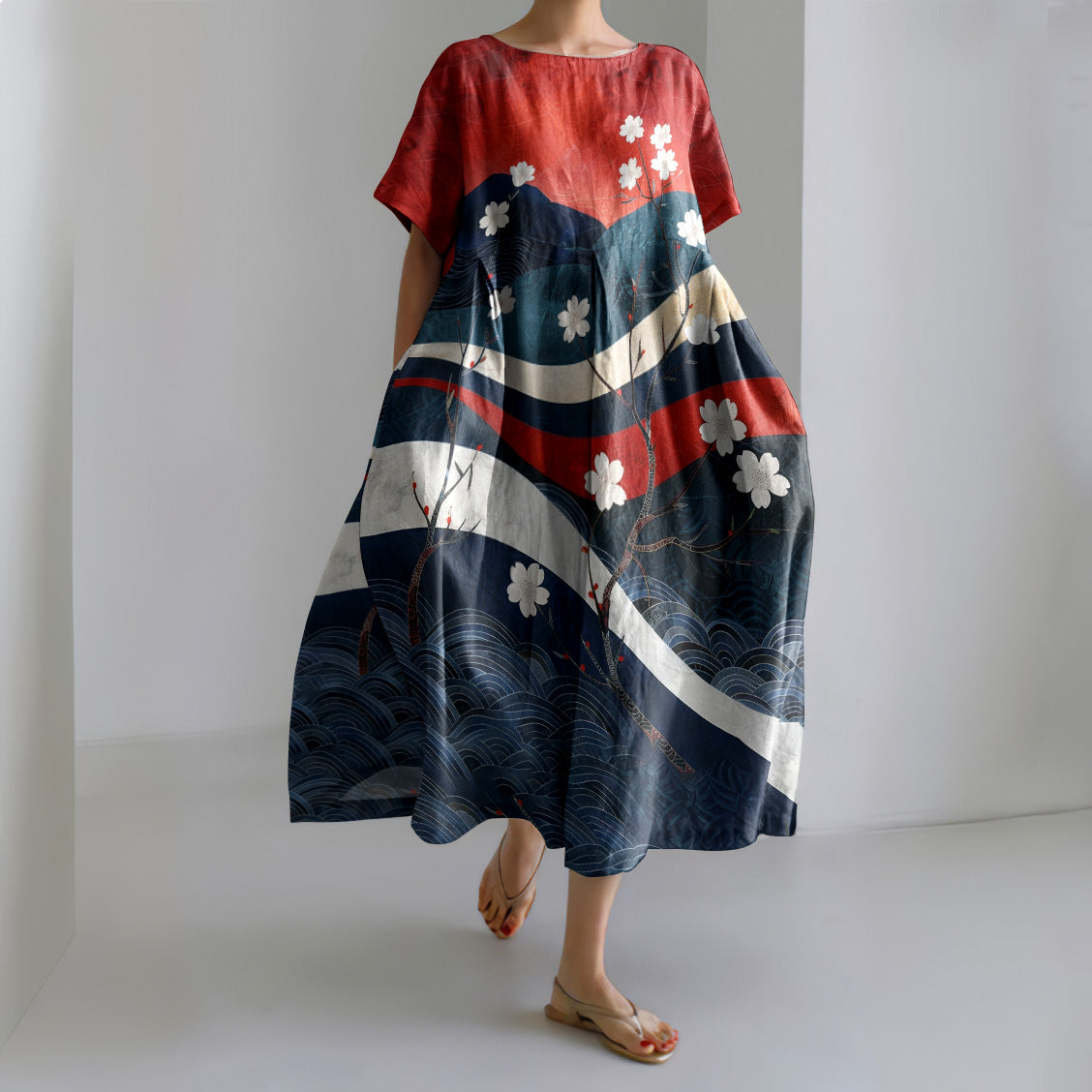 Japanese Art Casual Short Sleeve Waves Floral Print Linen Blend Dress elevenforest
