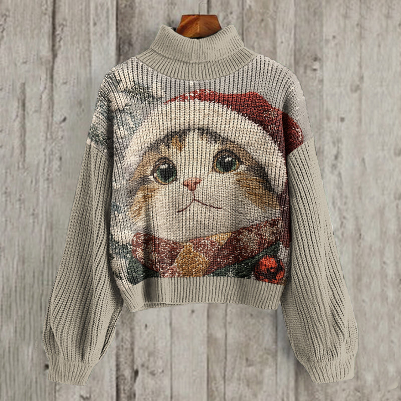 Comstylish Christmas Cat Print Turtleneck Knit Cozy Sweater
