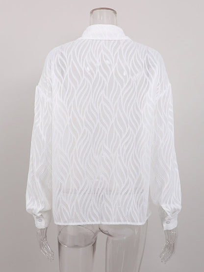 Long Sleeves Loose Buttoned Pockets See-through Color Split-joint Lapel Blouses&shirts Tops