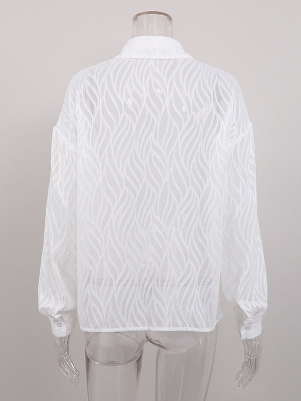 Long Sleeves Loose Buttoned Pockets See-through Color Split-joint Lapel Blouses&shirts Tops