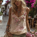 Vintage Pink Rose Embroidery Linen Comfy Camisole elevenforest
