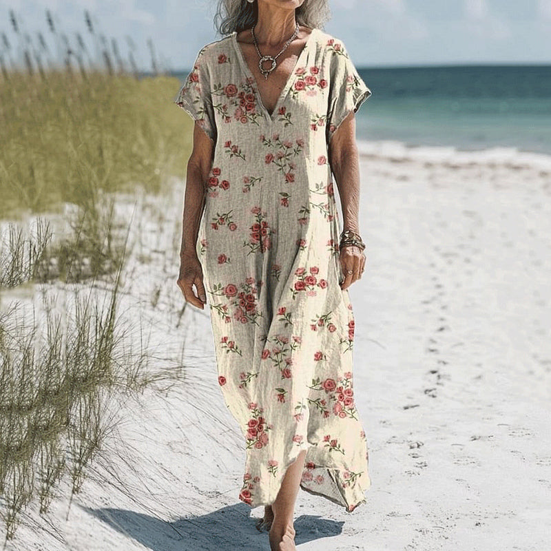 Women's Vintage Floral Art Print V-neck Casual Midi Dress elevenforest