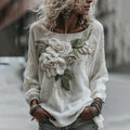 Women's Classic Romantic White Rose Embroidery Art Comfy Linen Long Sleeve Shirts elevenforest