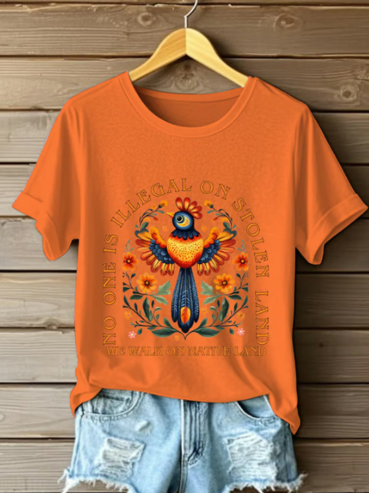 Women's We Walk On Native Land Print Cat Short Sleeve T-shirt elevenforest