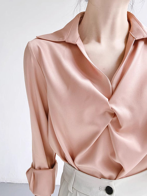 Long Sleeves Loose Knot Color Lapel Blouses&shirts Tops