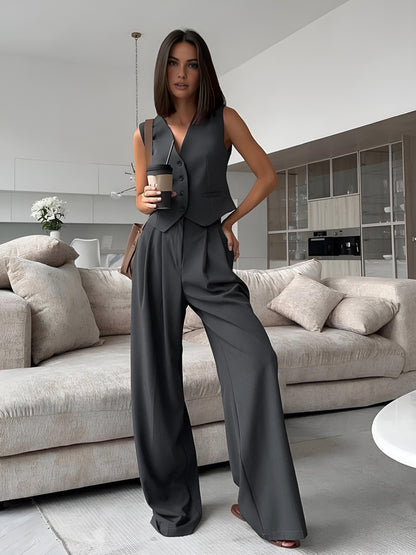 V-neck Waistcoat With Wide Leg Pants Set