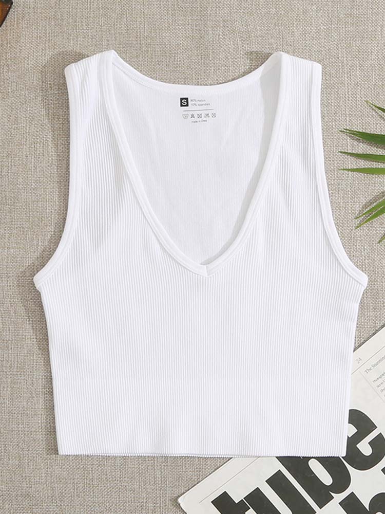 Crop Top V-neck Sports Seamless Knitted Tank Tops Ribbed Fitness Running Elastic Workout Vest Top