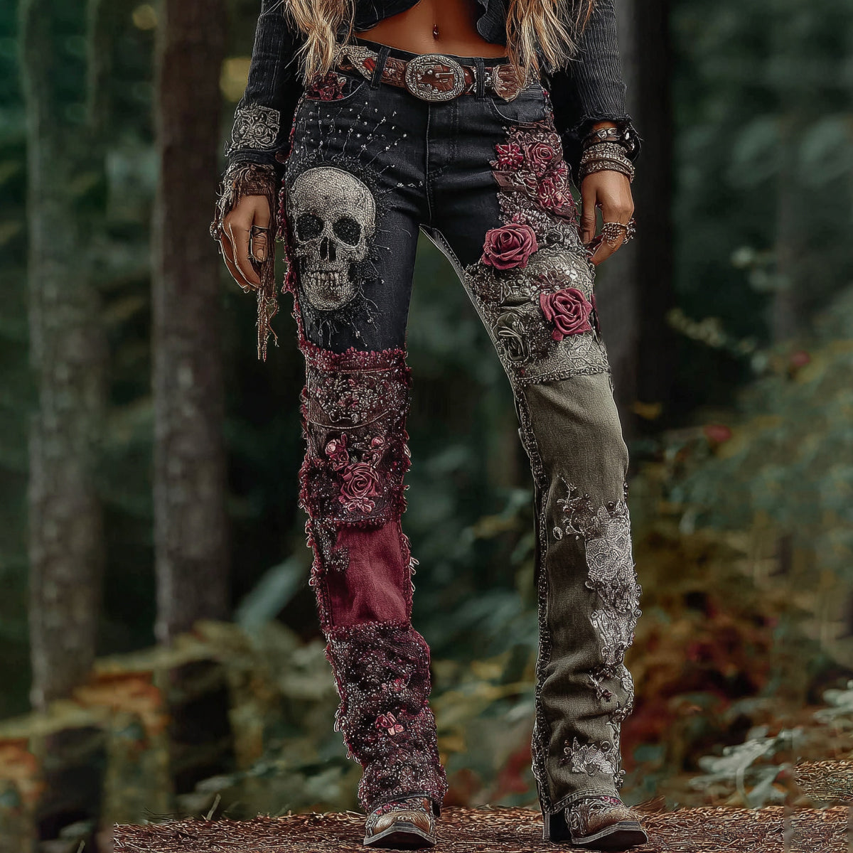 Rose And Skull Embroidered Patchwork Gothic Rock Jeans elevenforest
