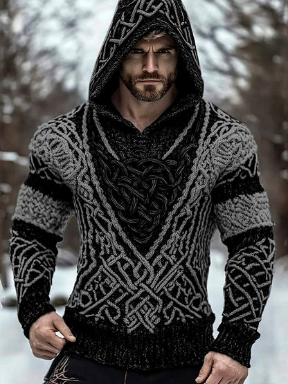 Men's Viking Jacquard Inspired Celtic Hooded Sweater artswardrobe