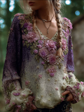Bohemian Style Round Neck Long Sleeve 3d Purple Flower Design Women's Sweater elevenforest