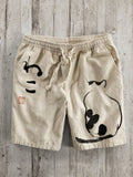 Japanese Art Cat Print Linen Blend Shorts elevenforest