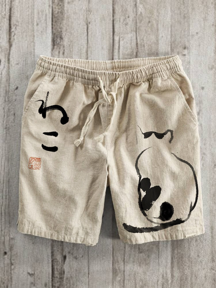 Japanese Art Cat Print Linen Blend Shorts elevenforest