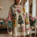 Comstylish Women's Christmas Tree And Rose Pattern Knitted Crew Neck Sweater Dress