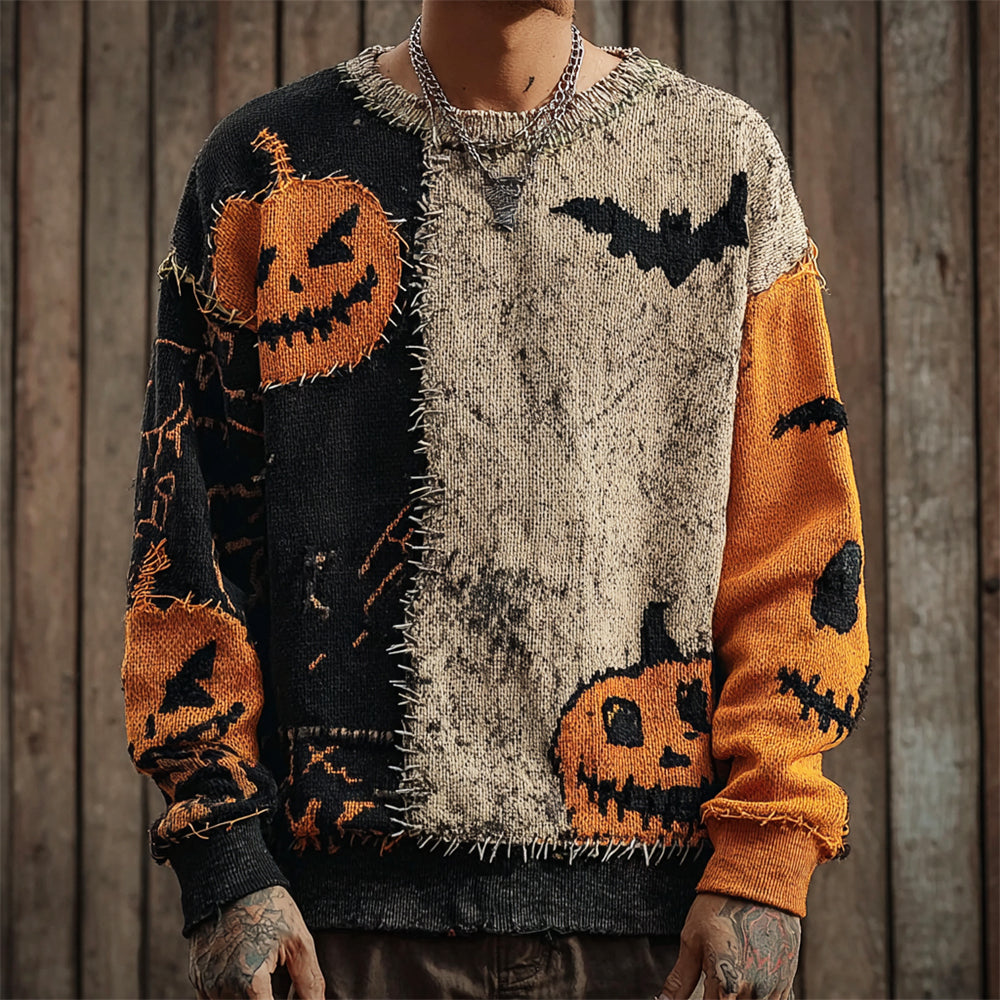 Pumpkin & Bat Irregular Patchwork Men's Sweater elevenforest