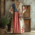 Independence Day Flag & Boho Floral Embroidery Women's Linen Short Sleeve Maxi Dress elevenforest