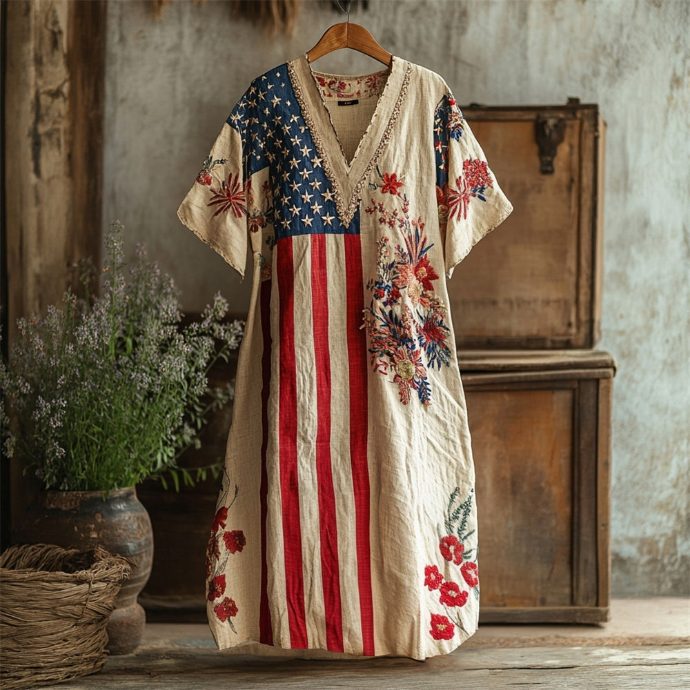 Independence Day Flag & Boho Floral Embroidery Women's Linen Short Sleeve Maxi Dress elevenforest
