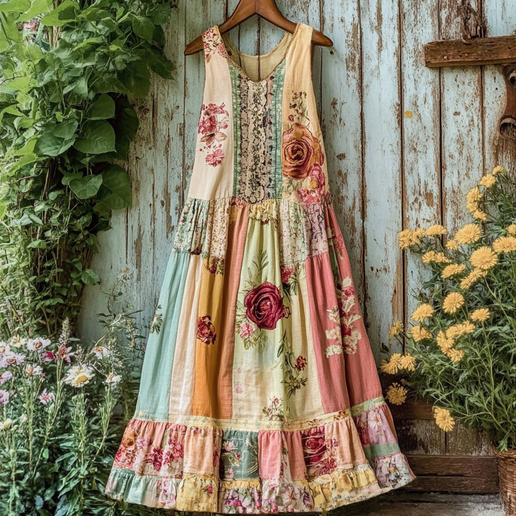 Women's Vintage Floral Pattern Patchwork Midi Dress elevenforest
