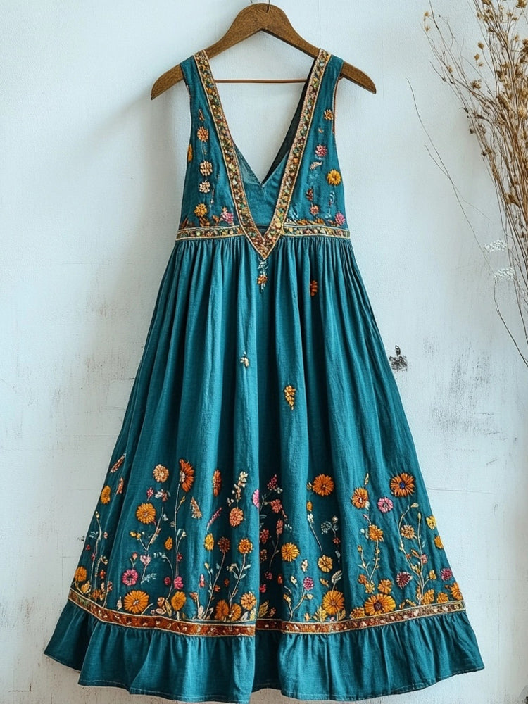 Vintage Boho Floral Embroidered V Neck Linen Tank Dress elevenforest