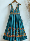 Vintage Boho Floral Embroidered V Neck Linen Tank Dress elevenforest