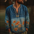 Men's Oil Painting Sunflower And Starry Night Embroidery Linen Shirt elevenforest