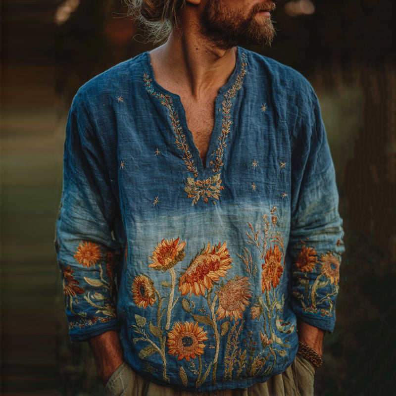 Men's Oil Painting Sunflower And Starry Night Embroidery Linen Shirt elevenforest