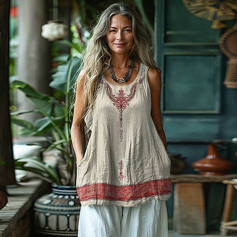 Women's Vintage Viking Dragon Print Cotton And Linen Vest elevenforest
