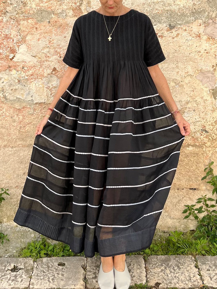 Striped Pleated Design Linen Blend Dress elevenforest