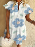 Flower ruffle short-sleeved V-neck button dress holiday beach dress