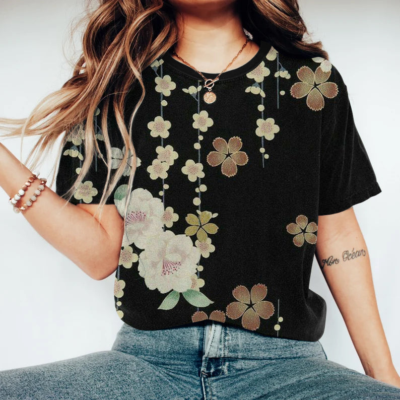 Vintage Japanese Art Plum Blossom Round Neck T-Shirt elevenforest