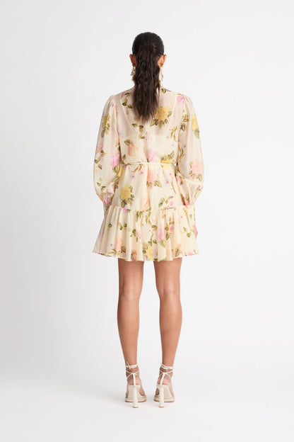Puff Long Sleeve Buttoned Lace Up Ruffle Hem Mini Dress
