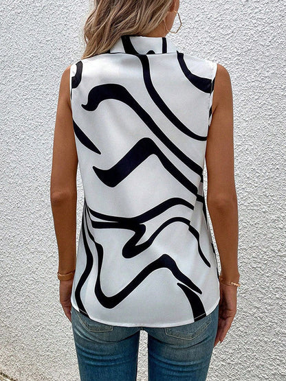 Loose Sleeveless Buttoned Printed Lapel Blouses&shirts Tops