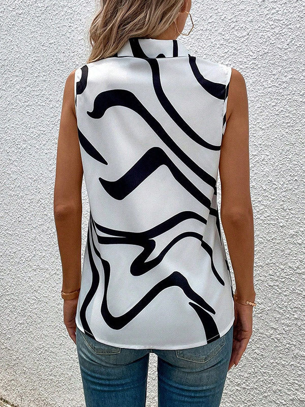 Loose Sleeveless Buttoned Printed Lapel Blouses&shirts Tops