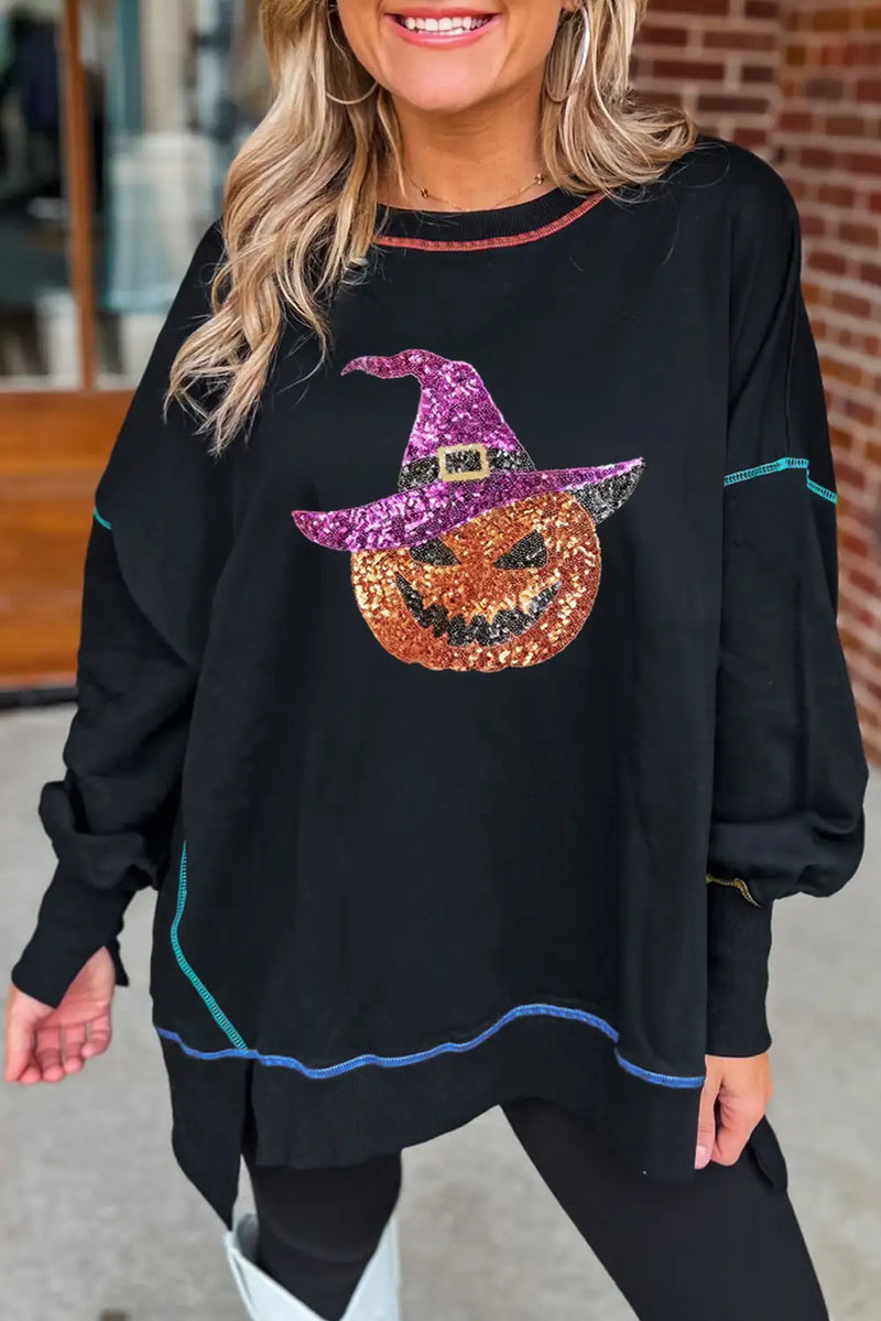 Glittering Pumpkin Wizard Graphic Halloween Sweatshirt