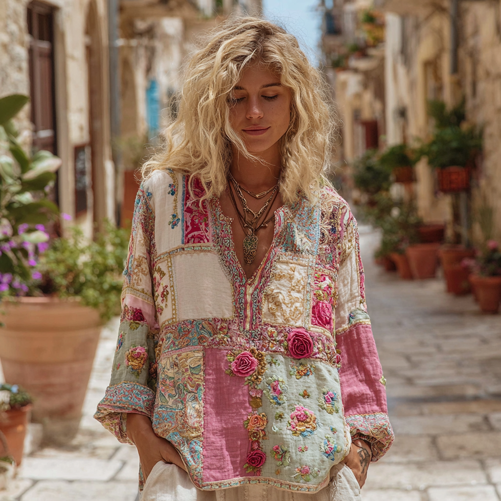 Women's Vintage Bohemian Floral And Rose Patchwork Linen V Neck Shirt elevenforest