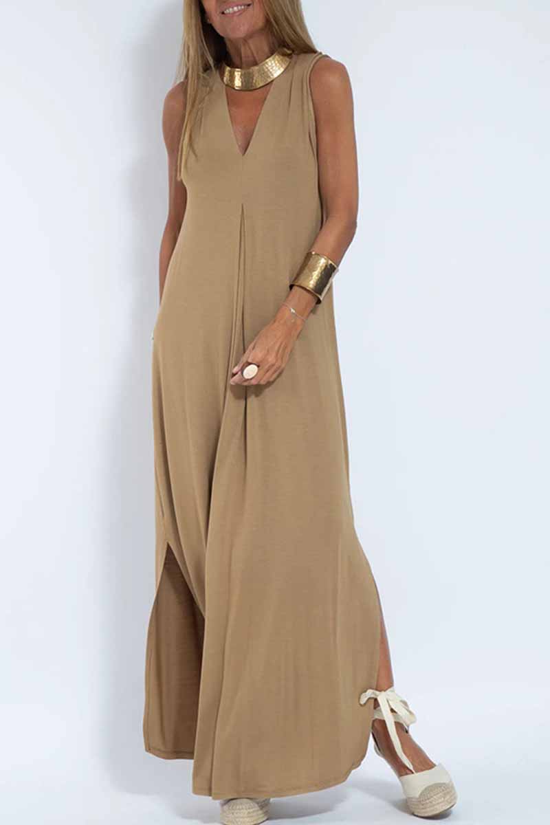 Street Patchwork V Neck Vest Dress Dresses