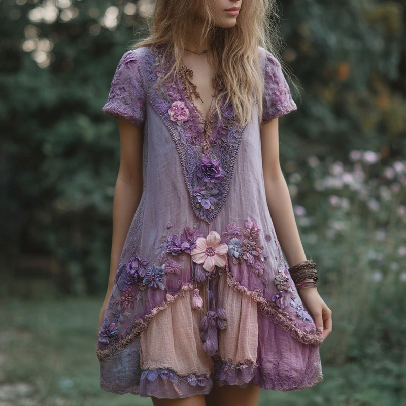 Women's Retro Purple Floral Stitching Casual Short Sleeve Dress elevenforest