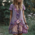 Women's Retro Purple Floral Stitching Casual Short Sleeve Dress elevenforest