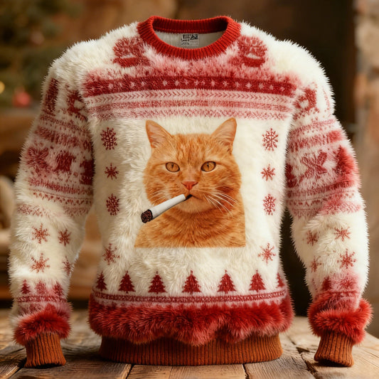Comstylish Cute And Quirky Cat Pattern Warm Crew Neck Sweater