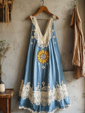Boho Sunflowers Embroidered Gradient Lace Patchwork Linen Sleeveless Dress elevenforest