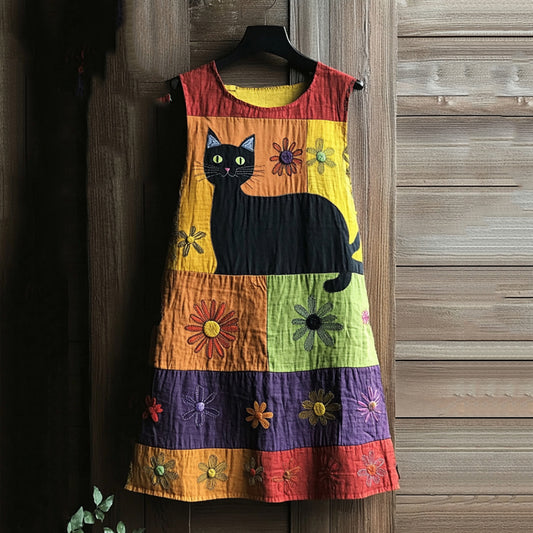 Vintage Black Cat Peeking With Floral Color Block Art Linen Tank Dress elevenforest