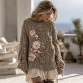 Women's Vintage Pink Rose Floral Chunky Knit Crew Neck Sweater elevenforest