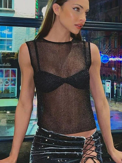 ’s Sleeveless Slim Fit Tank Tops See-through Top Vest Corect Sequin Scoop Neck Tank Top Glitter Outfits